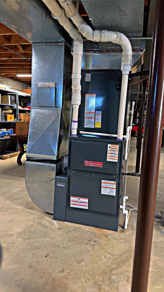 A new Goodman furnace with fresh venting in a basement