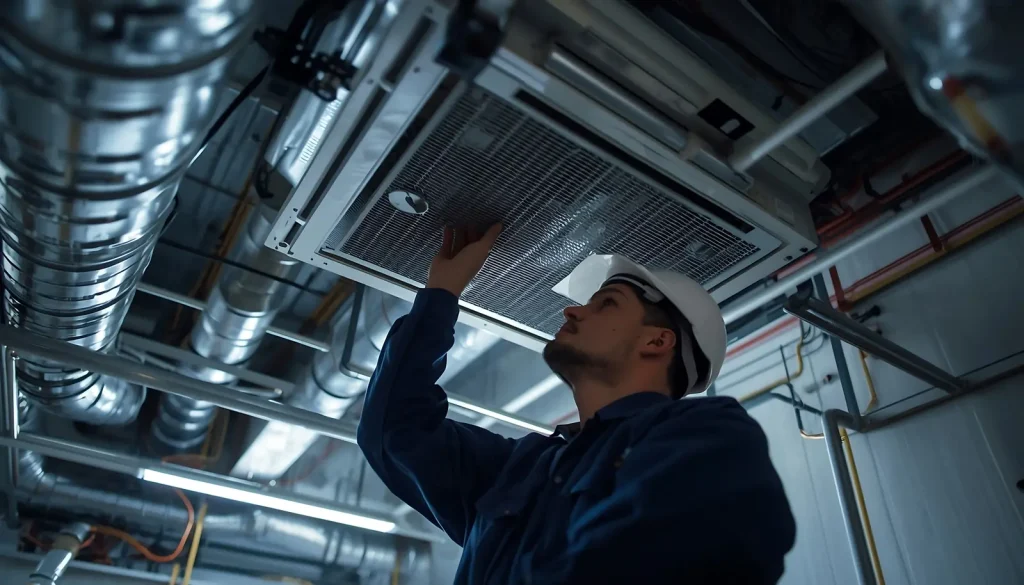 A technician in a hard hat beside a ceiling cassette unit