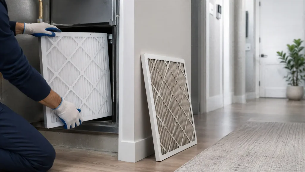 A technician swapping a furnace filter