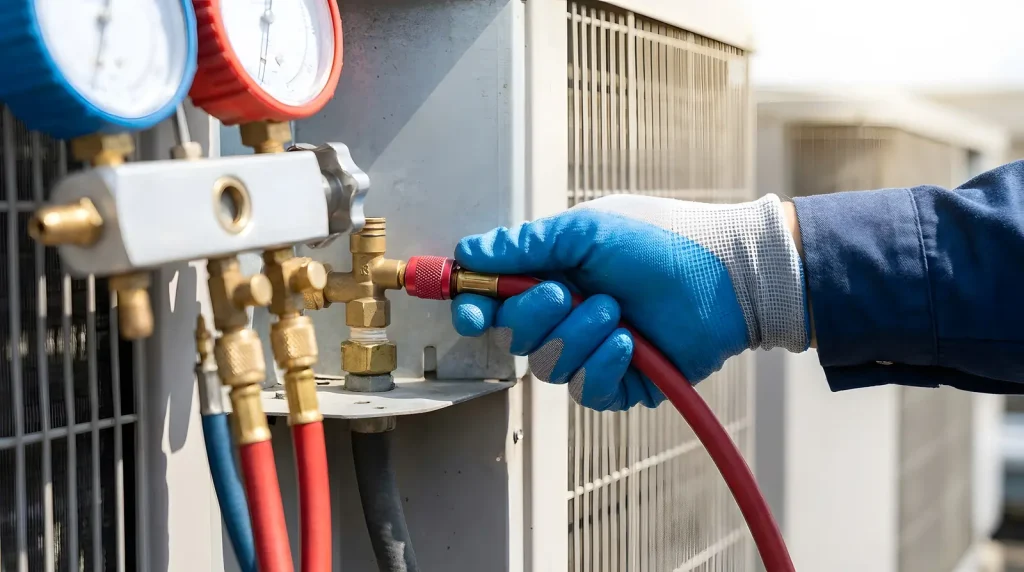 Refrigerant gauges hooked to an air conditioner